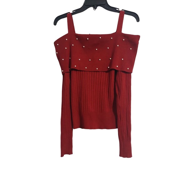 HWA Apparel Sweaters - Women's Off the shoulder Cranberry Burgundy Sweater with Pearls SZ Small